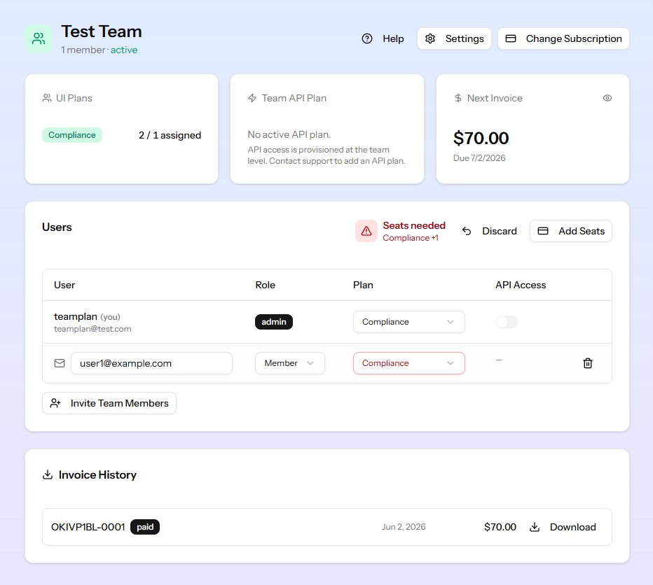 New team management UI with invites and seat assignments