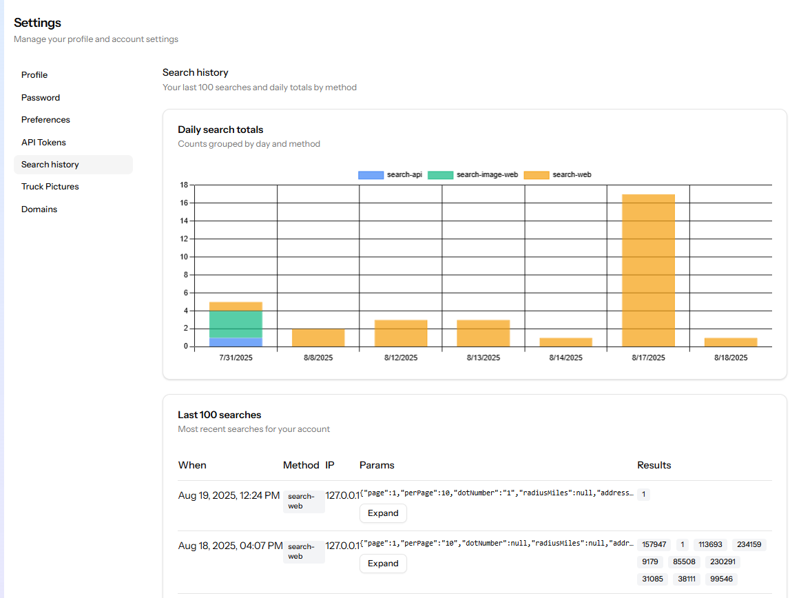 Profile search history and API stats