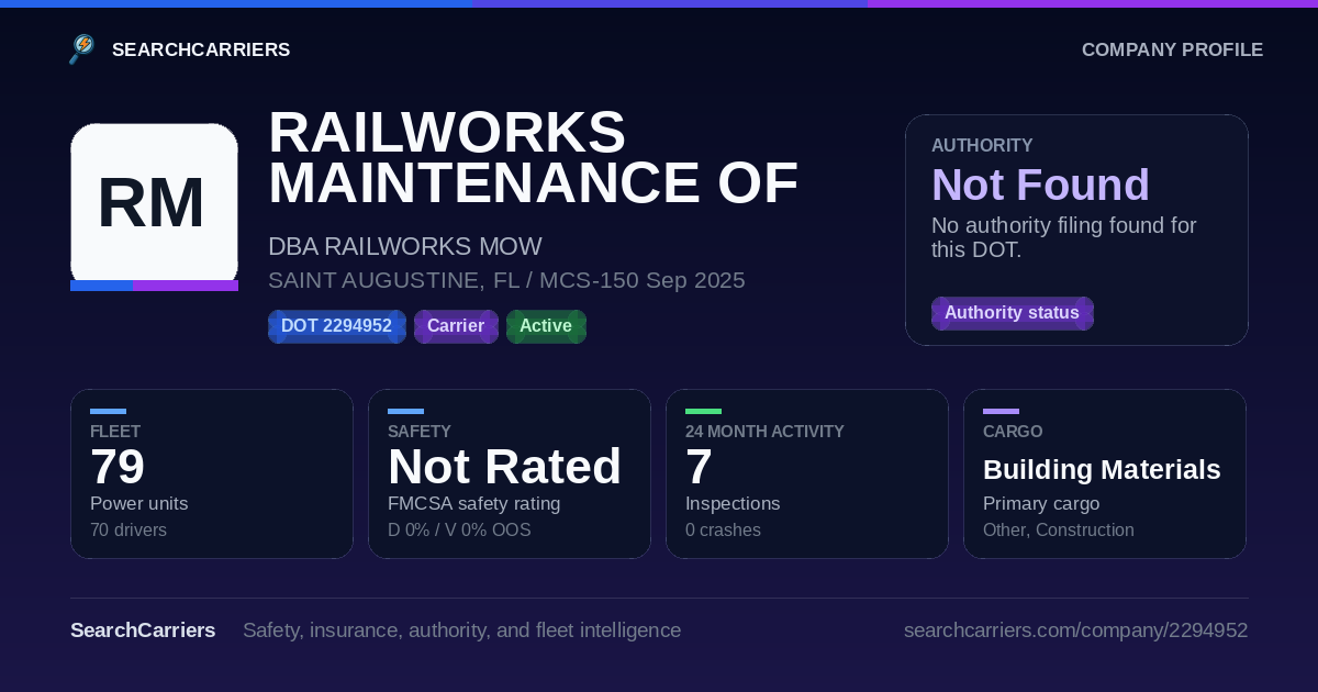 RAILWORKS MAINTENANCE OF WAY LLC (DOT 2294952) - SearchCarriers