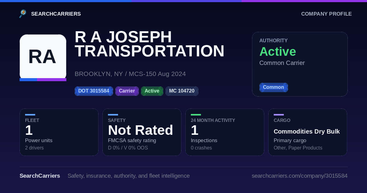 R A JOSEPH TRANSPORTATION LLC (DOT 3015584) - SearchCarriers