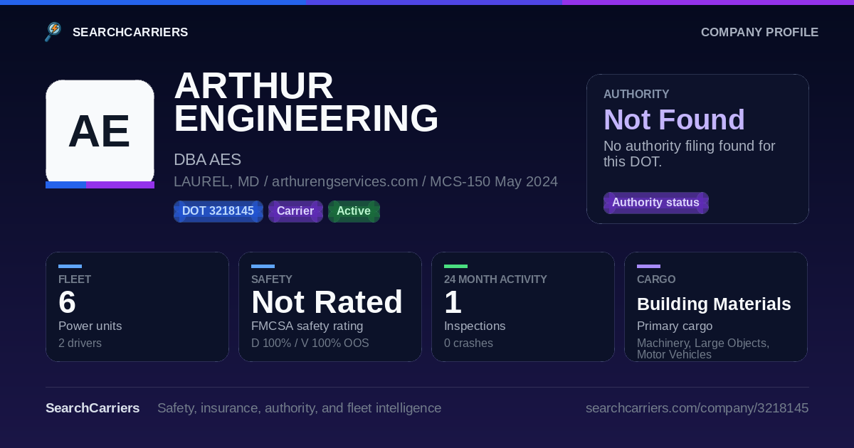 ARTHUR ENGINEERING SERVICES LLC (DOT 3218145) - SearchCarriers
