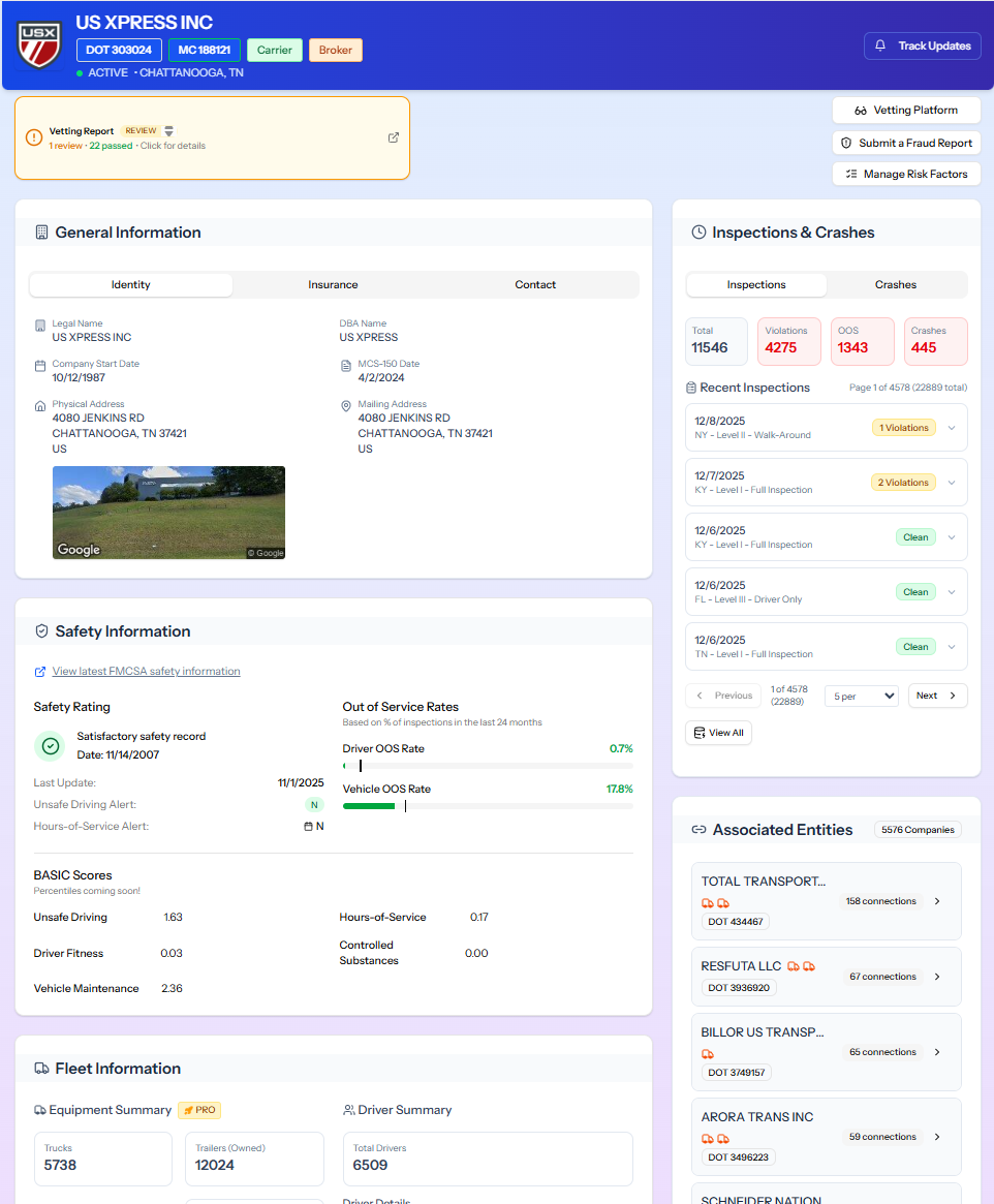 SearchCarriers company profile showing safety ratings, compliance status, and key carrier metrics